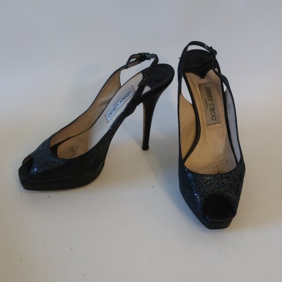 Womens Jimmy Choo Black Bedazzled Peep Toe Platform Stiletto Heels 38 US/8.5